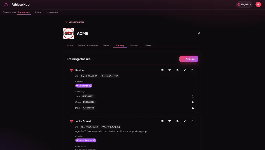 The Athlete Hub dashboard: training classes, groups and attendance in one screen.