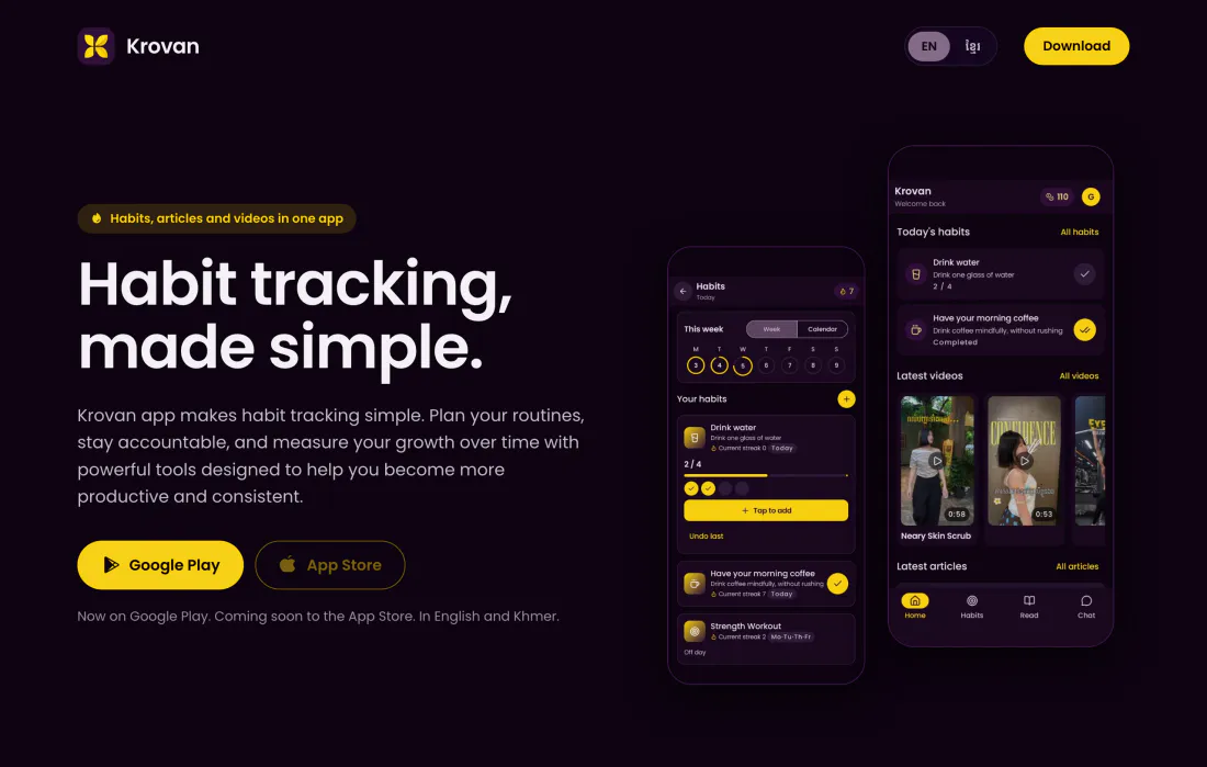 The Krovan site: the habit tracker's weekly view beside a home screen of daily videos and articles.